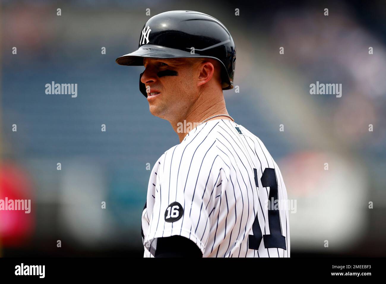New York Yankees' Brett Gardner (11) looks on during the fifth inning of a  baseball game against the Chicago White Sox on Saturday, May 22, 2021, in  New York. (AP Photo/Adam Hunger
