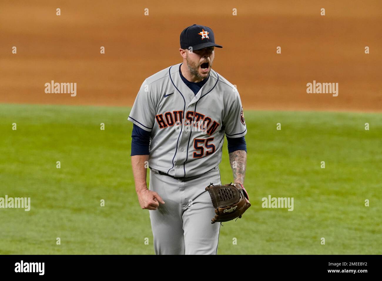Houston Astros relief pitcher Ryan Pressly (55) celebrates getting the save  during the ninth inning of the MLB game between the New York Yankees and t  Stock Photo - Alamy