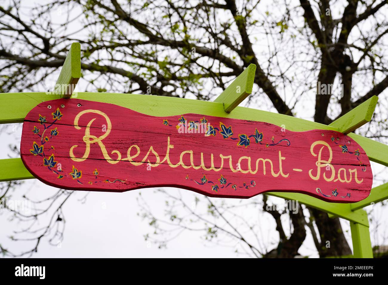 restaurant bar french sign text means coffee brewery on entrance