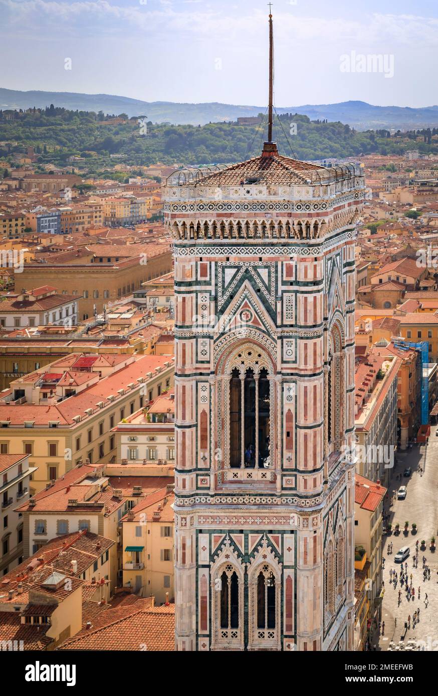 Aerial view of the Giotto Campanile bell tower of Duomo Cathedral or Cattedrale di Santa Maria del Fiore and Giotto bell tower in Florence, Italy Stock Photo
