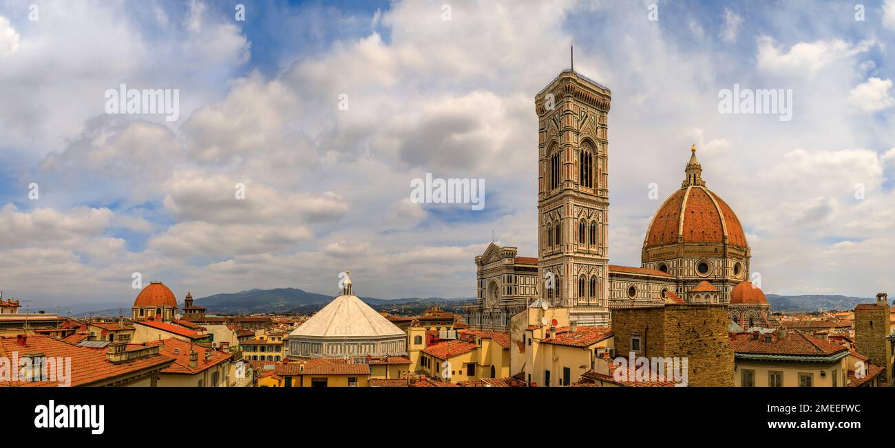 Florence skyline with the marble facade of the Duomo Cathedral or Cattedrale di Santa Maria del Fiore and Giotto Campanile bell tower Tuscany, Italy Stock Photo