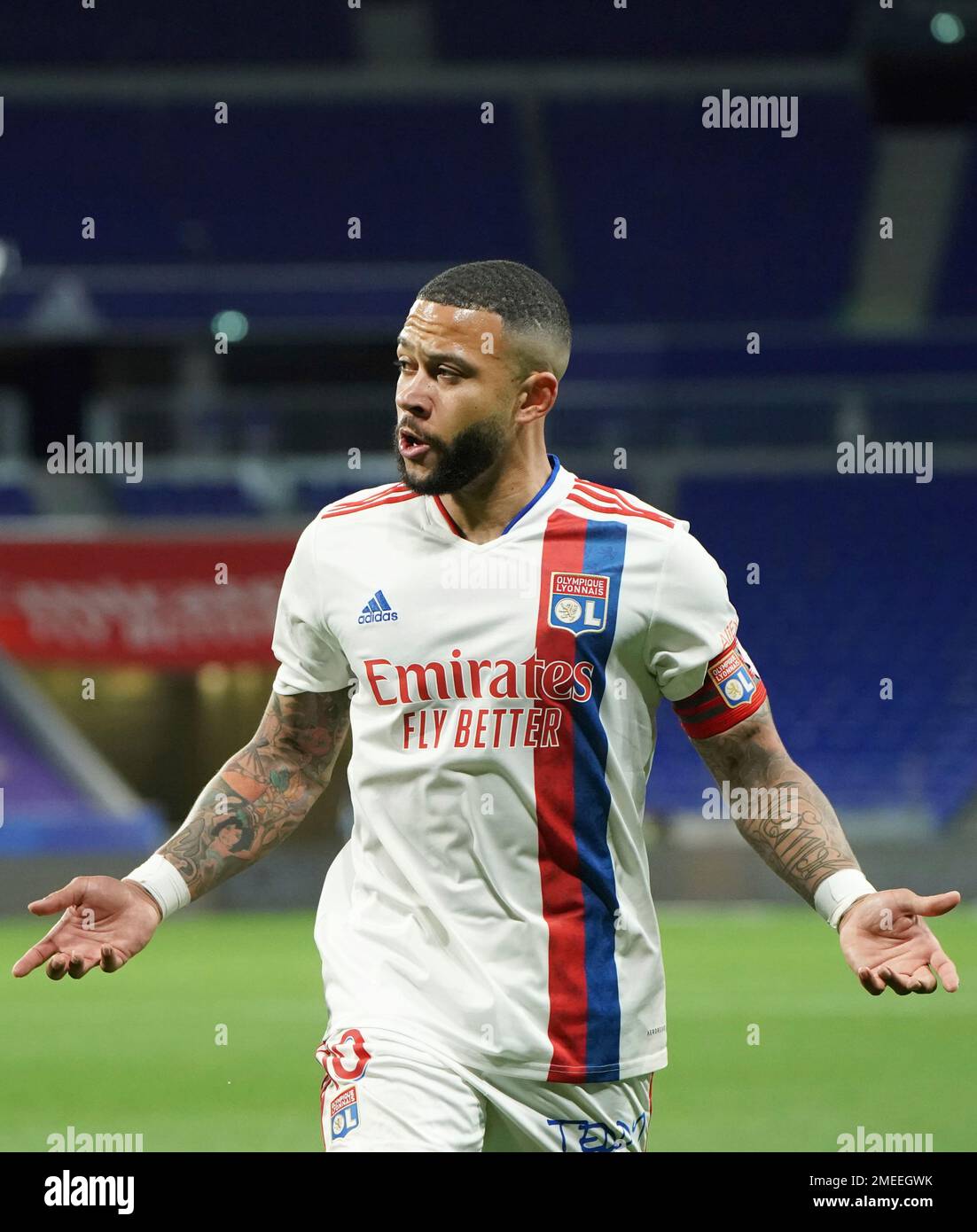 Lyon's Memphis Depay reacts during the French League One soccer