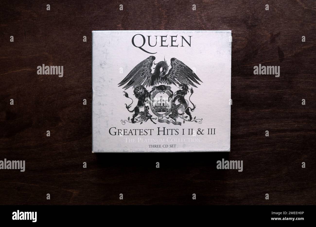 Lublin, Poland. 18 January 2023. Queen classic three volume 'greatest Hits' boxed cd set on wooden table Stock Photo