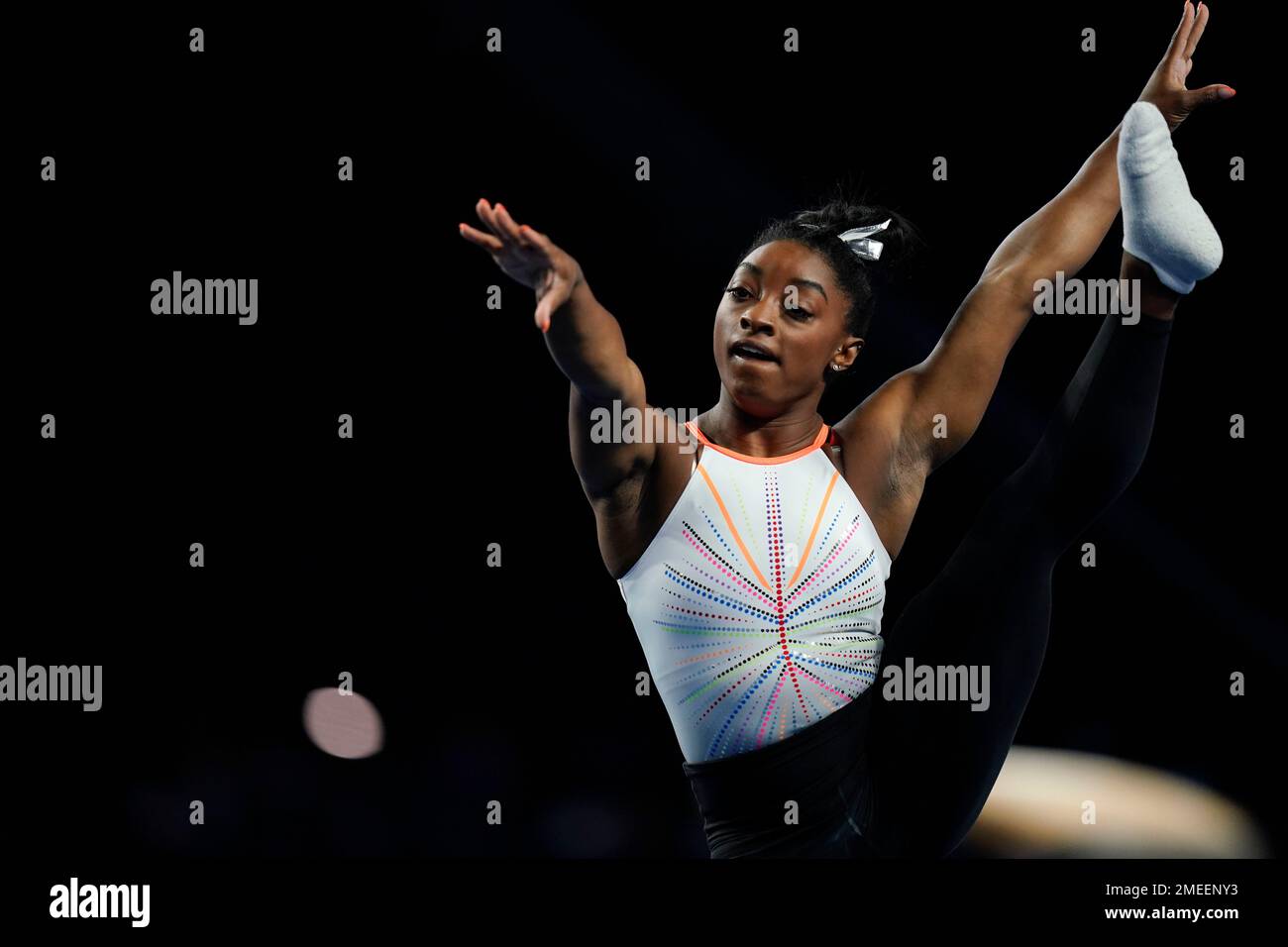 Simone Biles Stretches Before Competing In The U.s. Classic Gymnastics 