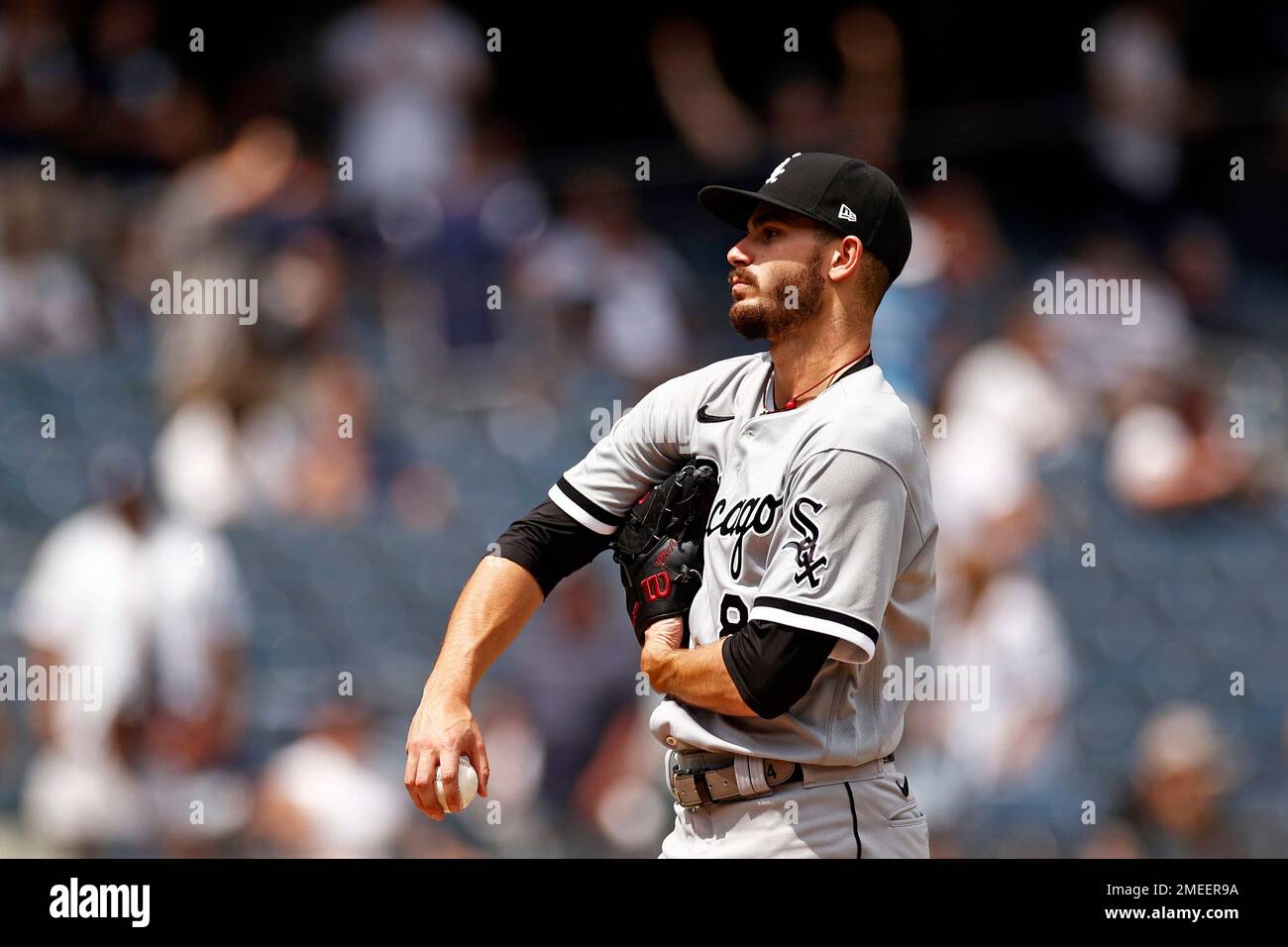 Chicago White Sox pitcher Dylan Cease reacts after giving up a two-run  double to New York Yankees' Gleyber Torres during the fourth inning of a  baseball game on Saturday, May 22, 2021
