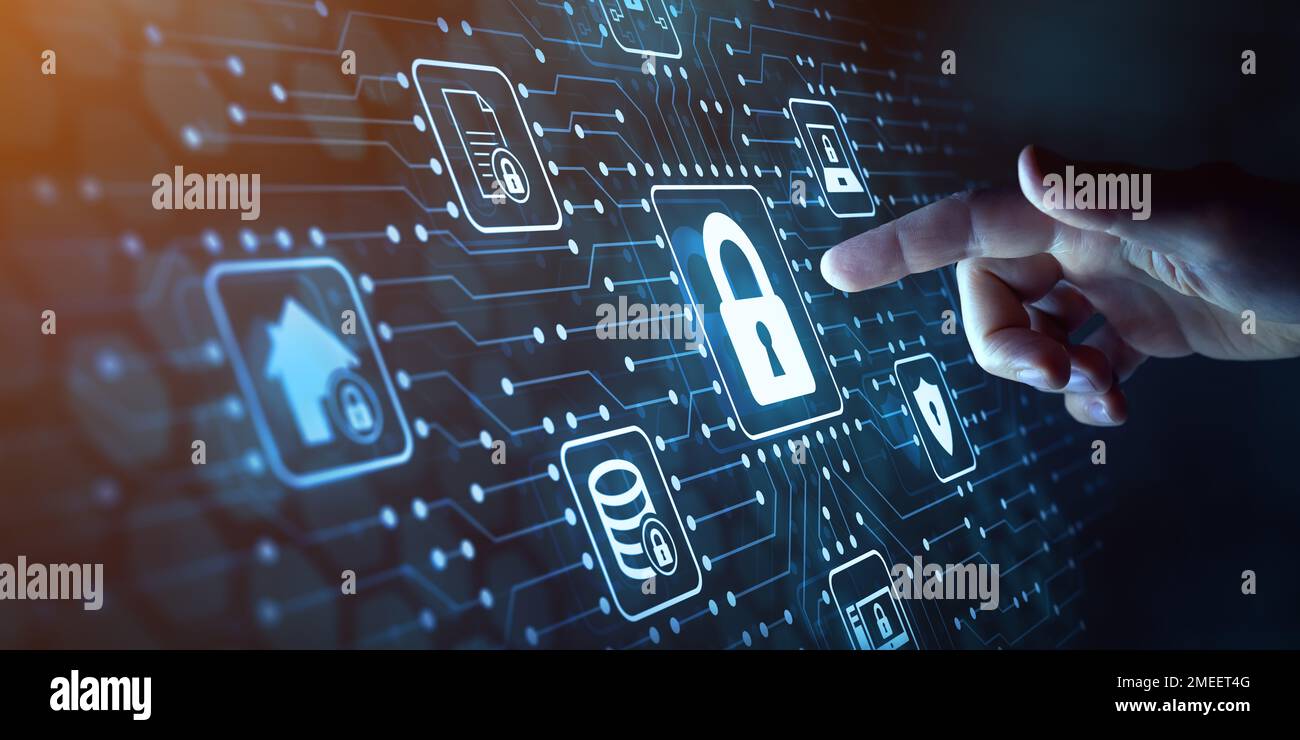 Cyber security, privacy and data storage protection. Document management system with password and encryption. Encrypted files on computer or server. F Stock Photo