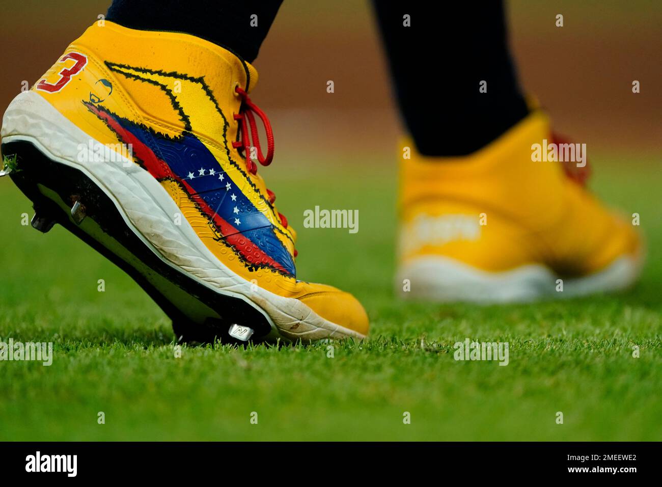 Atlanta Braves right fielder Ronald Acuna Jr.'s shoes are shown