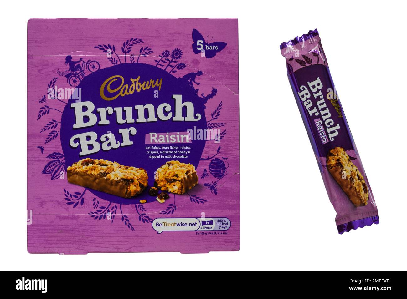 Box of Cadbury Brunch Bar Raisin with one bar removed isolated on white background Stock Photo