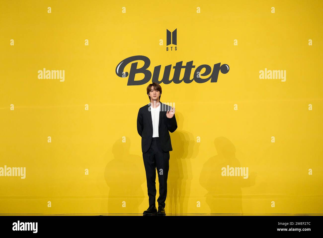 Jin, a member of South Korean K-pop band BTS poses for photographers ahead of a press conference to introduce their new single "Butter" in Seoul, South Korea, Friday, May 21, 2021. (AP Photo/Lee Jin-man) Stock Photo