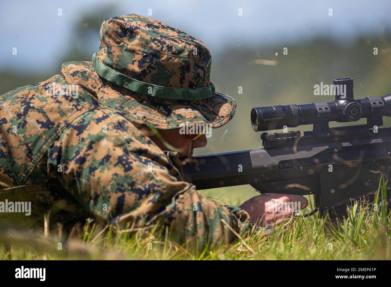 U.S. Marine Corps Lance Cpl. Johnson Harding, a rifleman with 3d Battalion,  3d Marines fires an M107 .50 caliber Sniper Rifle while conducting a  live-fire sniper range on Camp Schwab, Okinawa, Japan,