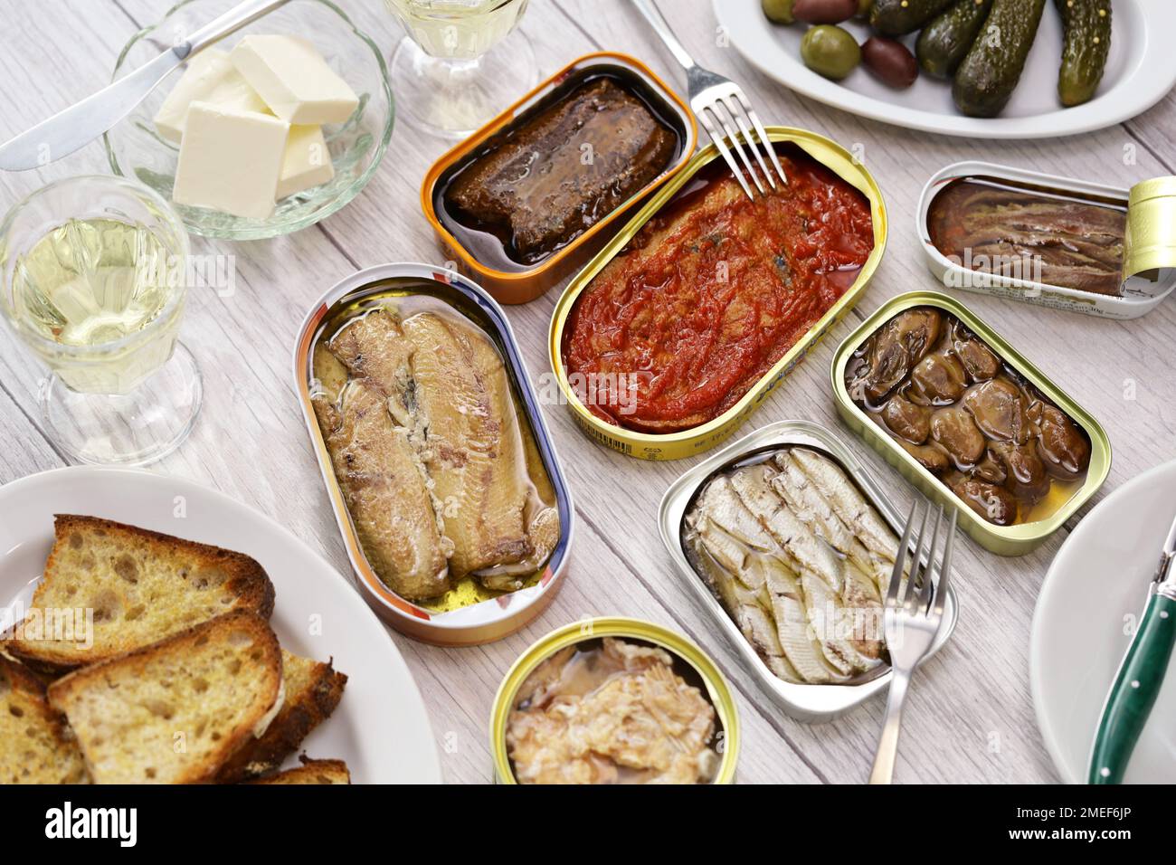 a tinned fish platter for date night Stock Photo