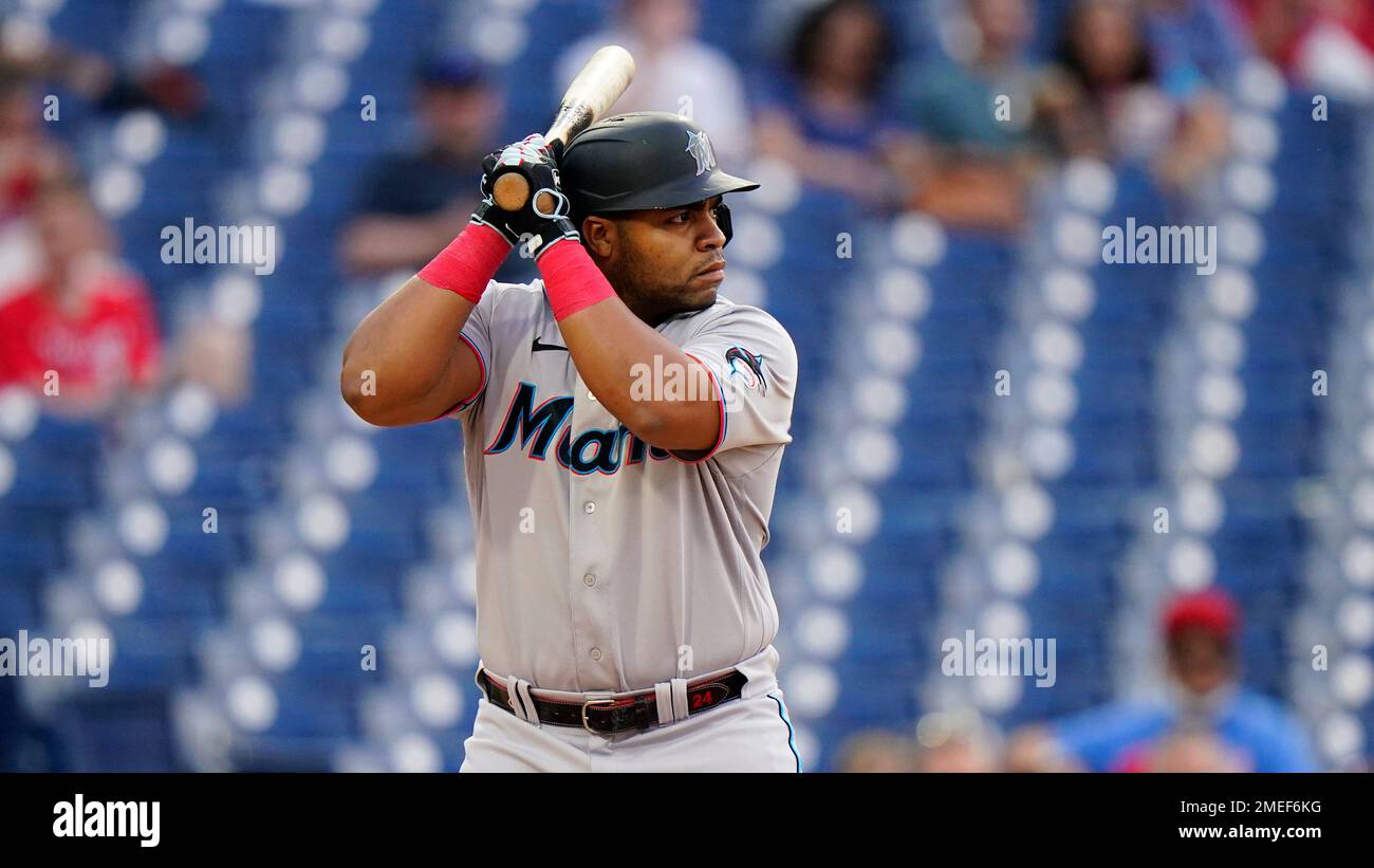 Miami Marlins' Jesus Aguilar plays during the seventh inning of a baseball  game, Tuesday, Aug. 9, 2022, in Philadelphia. (AP Photo/Matt Rourke Stock  Photo - Alamy