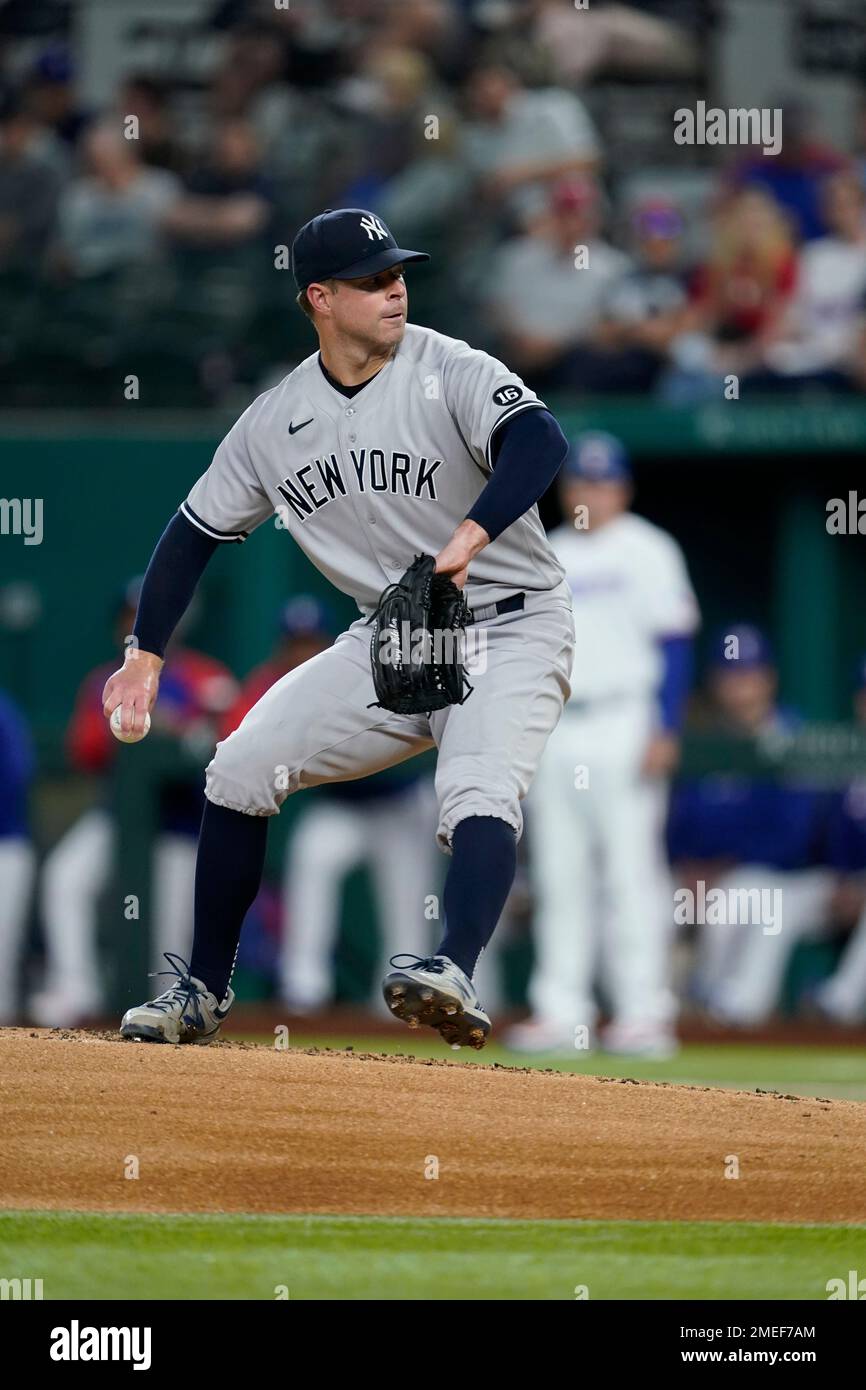 New York Yankees starting pitcher Corey Kluber throws to the Texas Rangers  in the first inning of a baseball game in Arlington, Texas, Wednesday, May  19, 2021. Kluber threw a no-hitter in