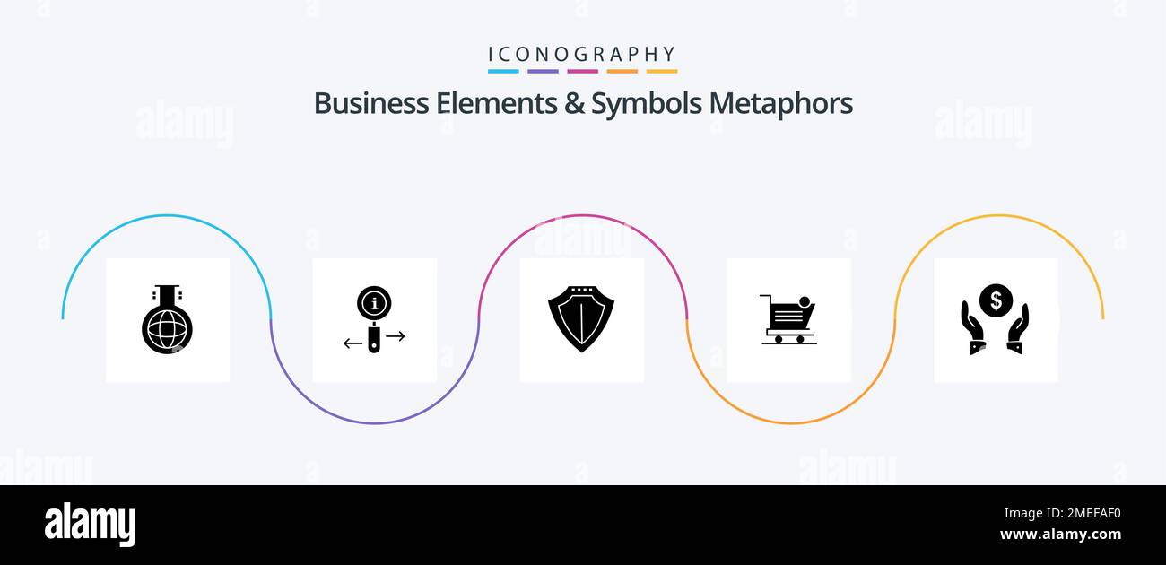 Business Elements And Symbols Metaphors Glyph 5 Icon Pack Including insurance. item. sheild. shipping. cart Stock Vector