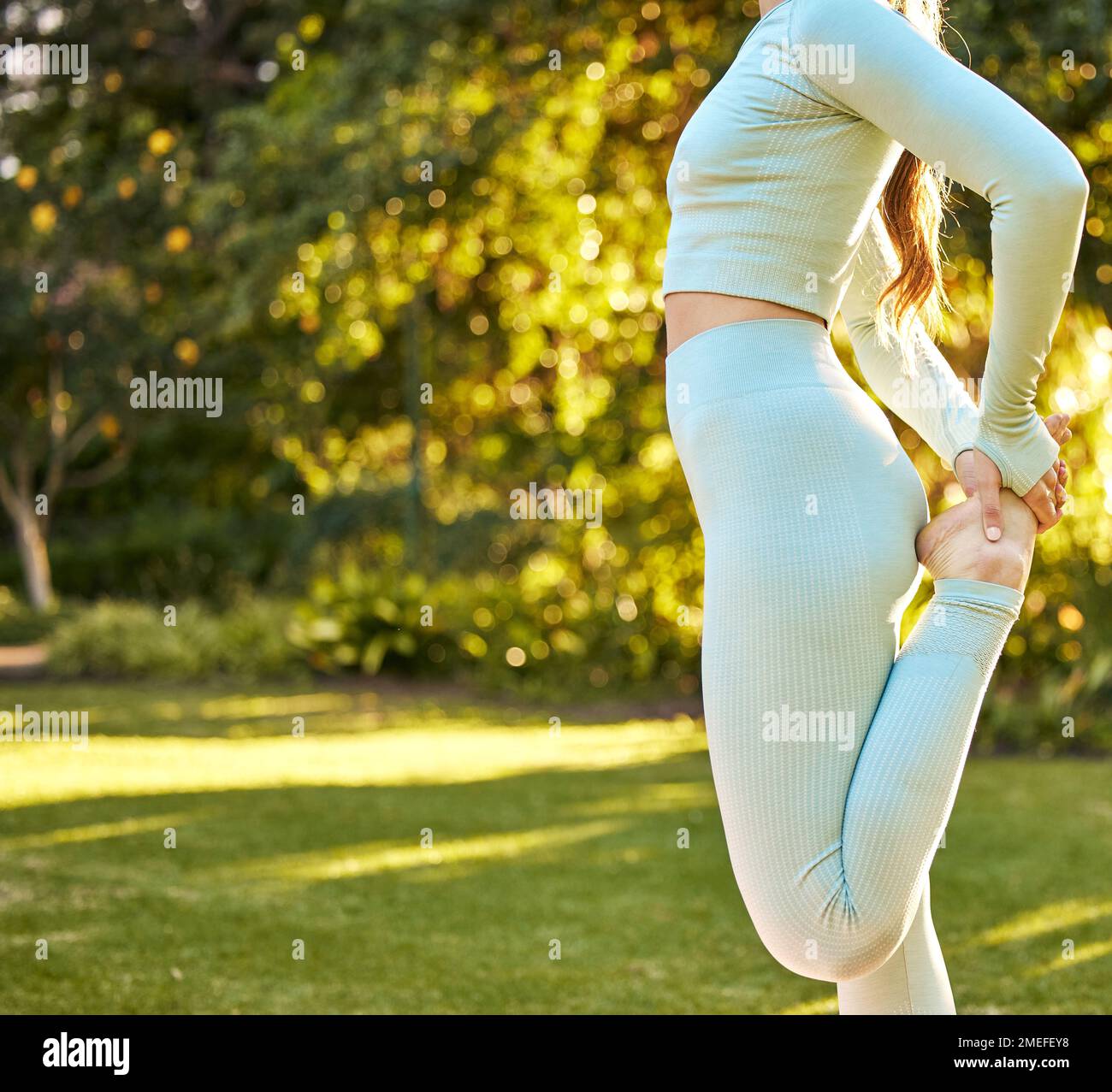 Yoga, nature exercise and woman stretching for sports warm up, outdoor