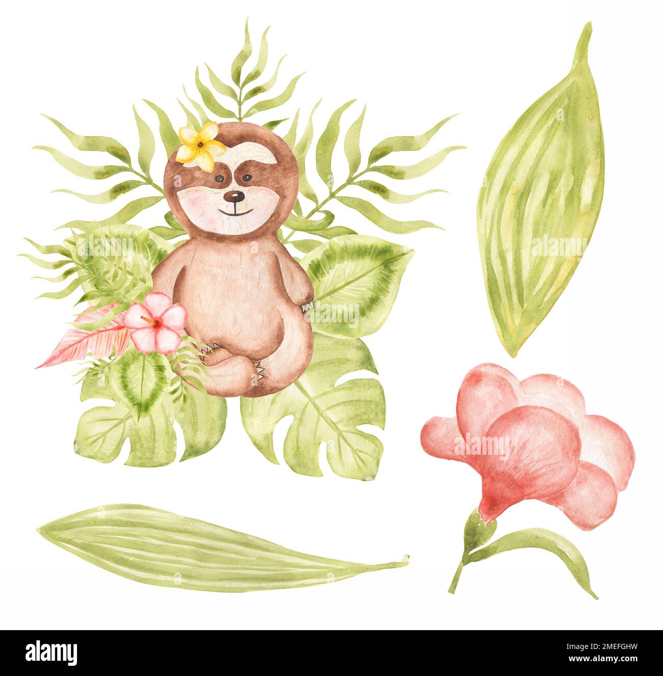 Sloth clipart. Watercolor Baby Sloth clip art, Tropical animal, Leaves set, Jungle Flower bouquet, Baby Shower, Kids Birthday Party Stock Photo