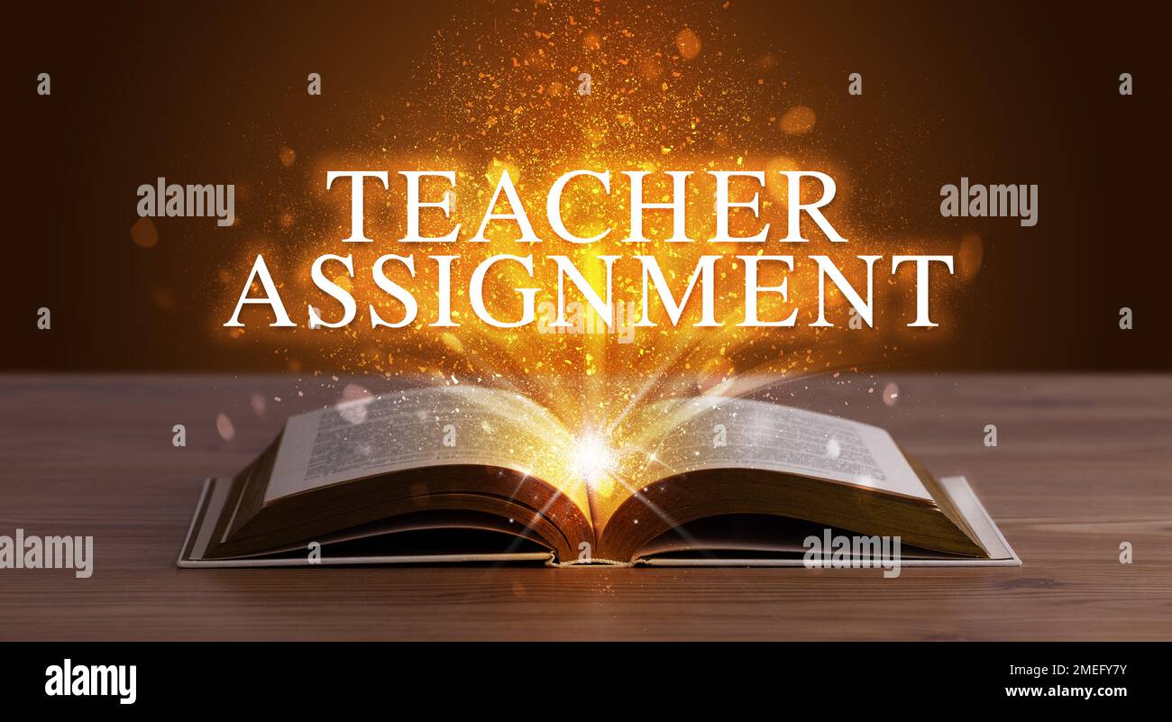 Teacher Book Inscription Educational inscription coming out from an open book Stock Photo - Alamy