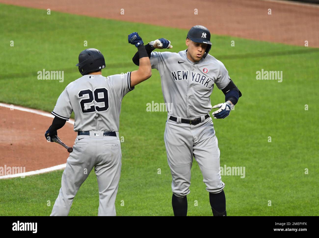 New York Yankees' Aaron Judge, right, celebrates with Gio Urshela (29
