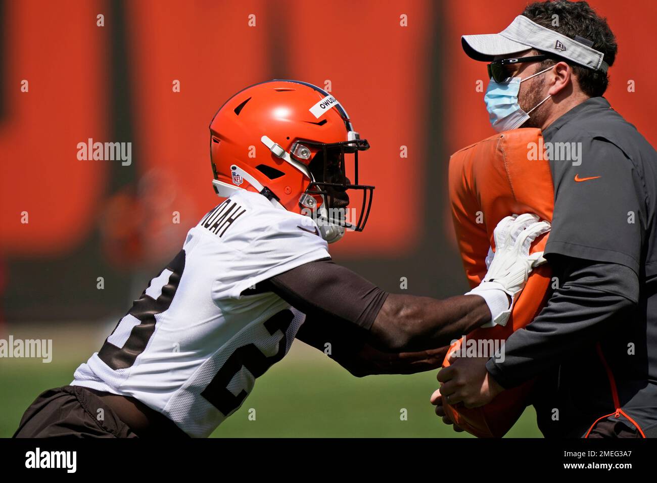 Cleveland Browns linebacker Jeremiah Owusu-Koramoah runs a drill during an  NFL football rookie minicamp at the team's training camp facility, Friday,  May 14, 2021, in Berea, Ohio. (AP Photo/Tony Dejak Stock Photo 