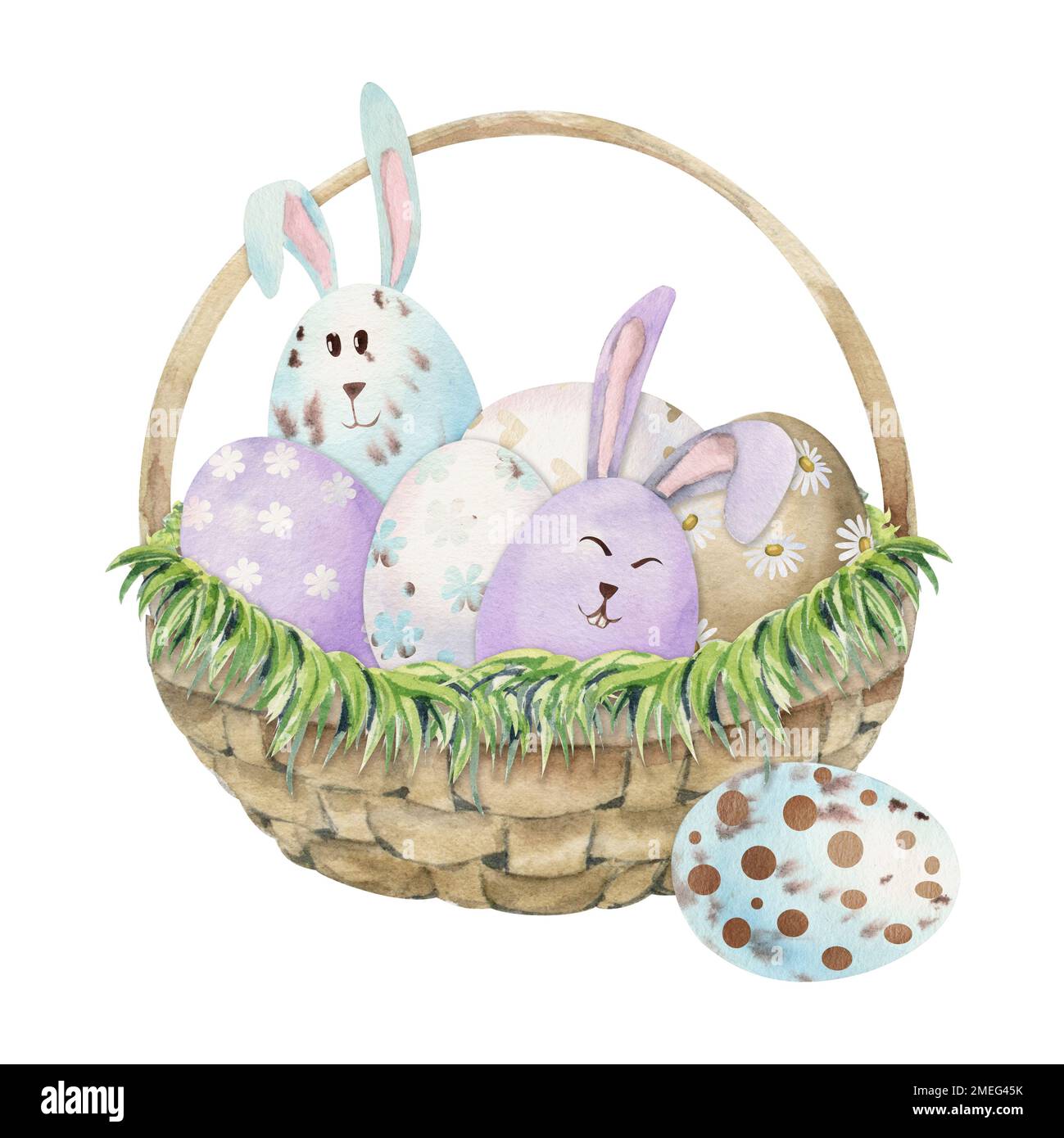 Watercolor hand drawn Easter celebration clipart. Basket with painted ...