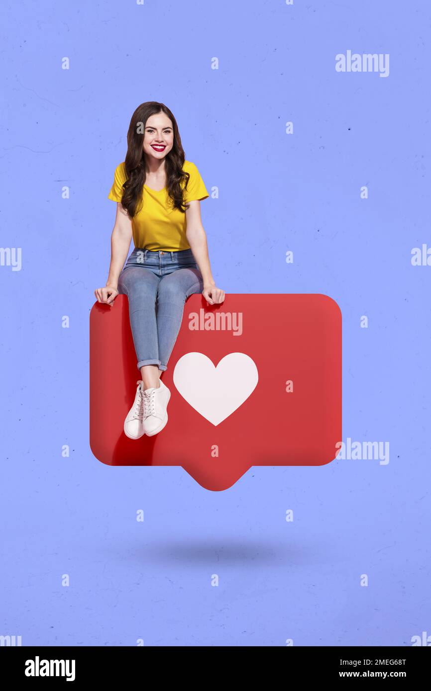 Vertical collage image of cheerful little girl sitting huge like