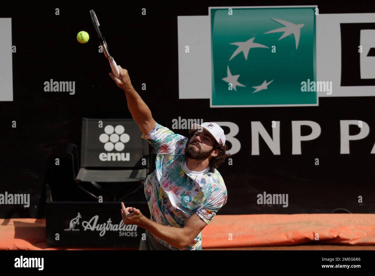 Reilly Opelka, of the United States, serves the basll during their quarter-final match at the Italian Open tennis tournament, in Rome, Friday, May 14, 2021