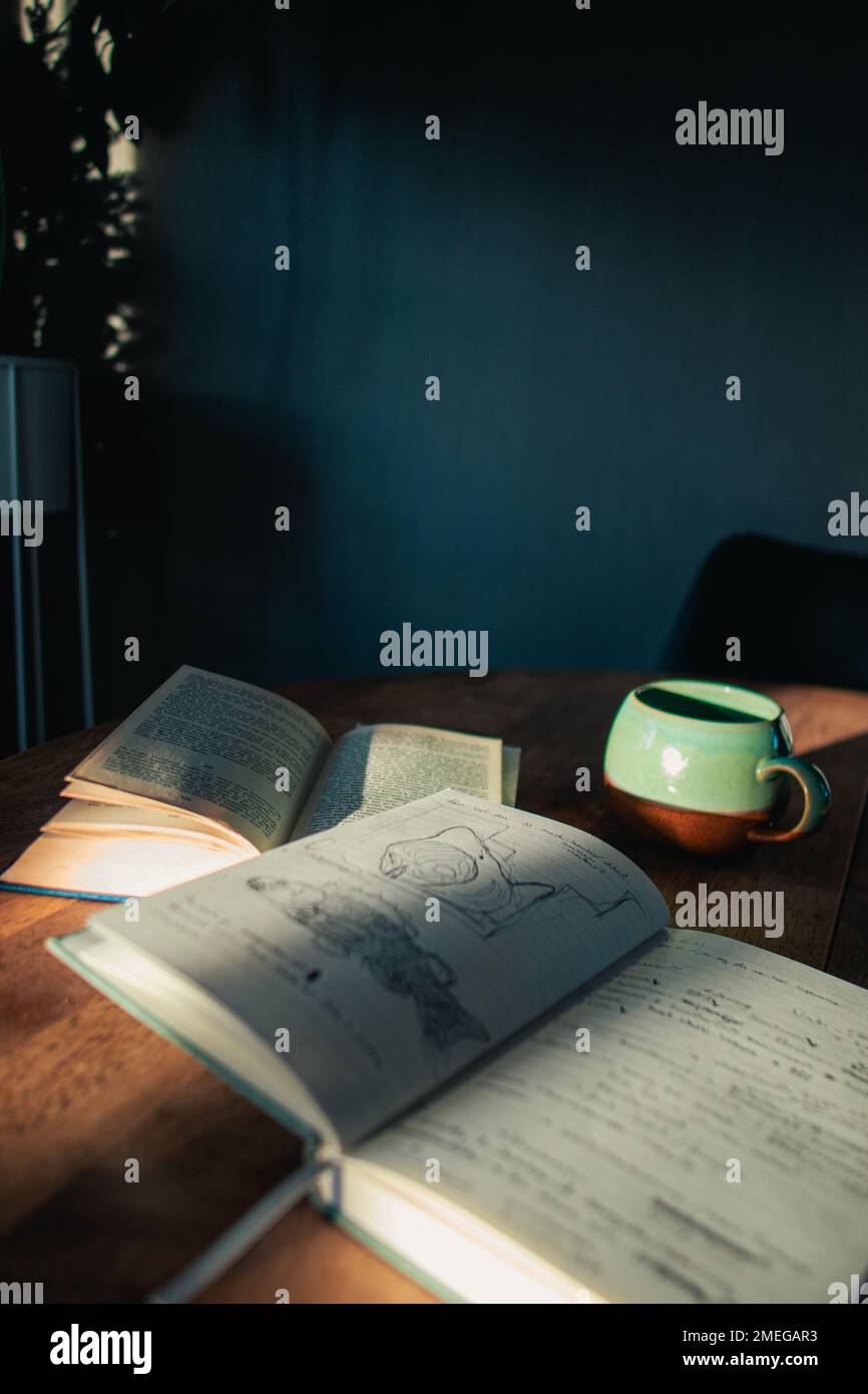 Study session books on table in afternoon light with teal blue background and coffee cup, focused study time Stock Photo