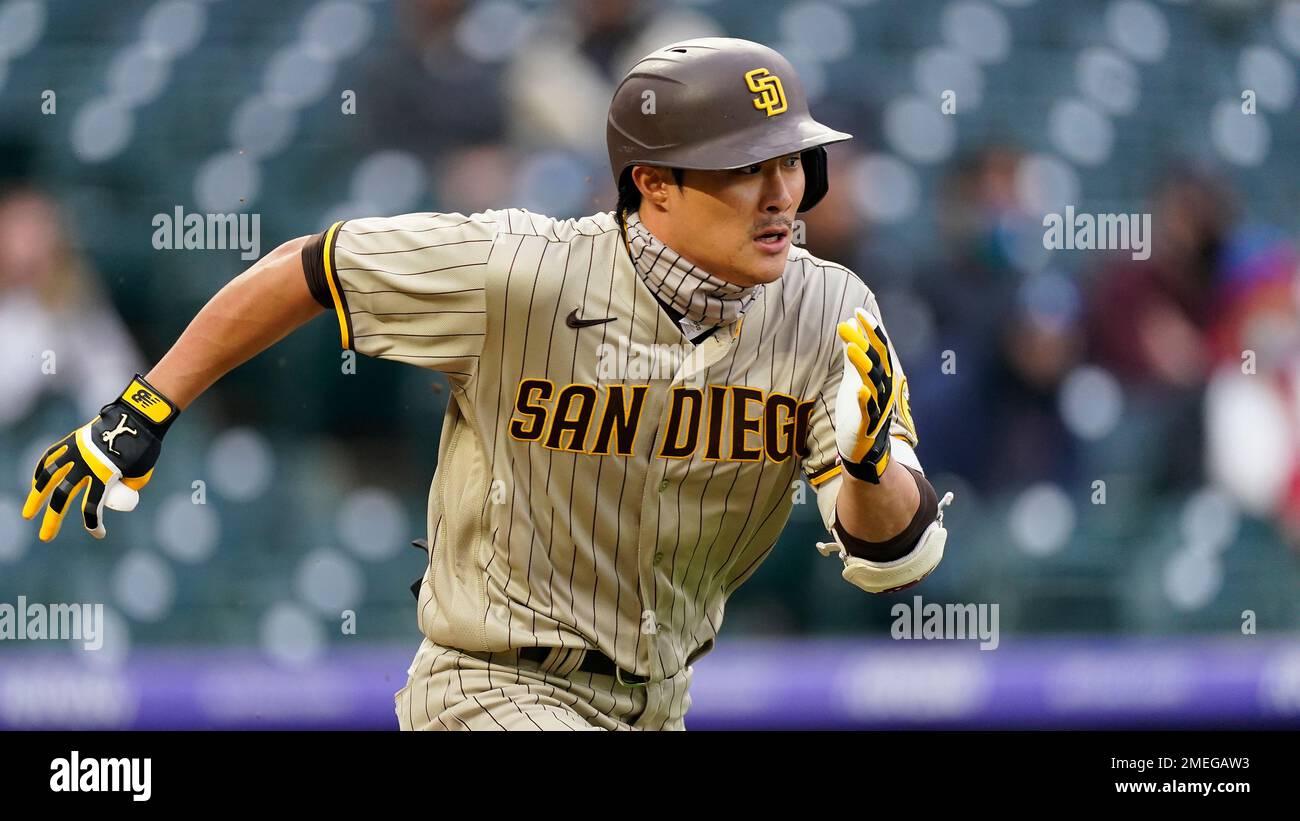San Diego Padres' Ha-Seong Kim batting during the second inning of a  baseball game against the San Francisco Giants, Friday, July 8, 2022, in  San Diego. (AP Photo/Gregory Bull Stock Photo 