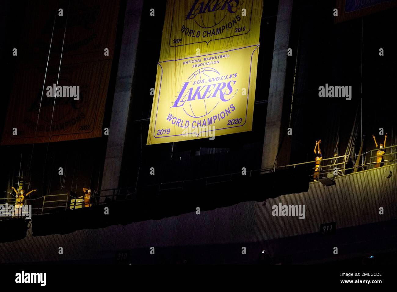 Members of the Laker Girls dance after the Los Angeles Lakers