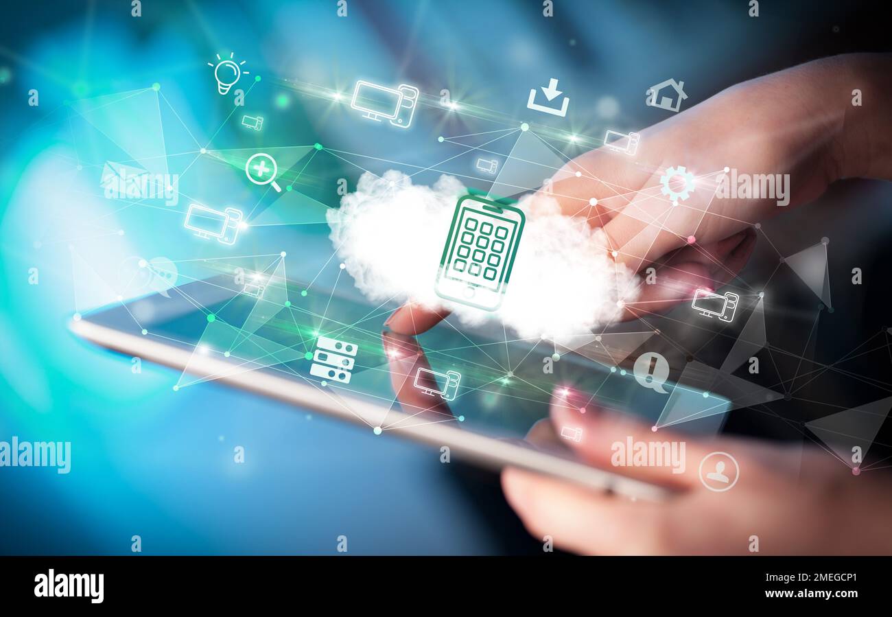 Close-up of a touchscreen with technology icons Stock Photo - Alamy