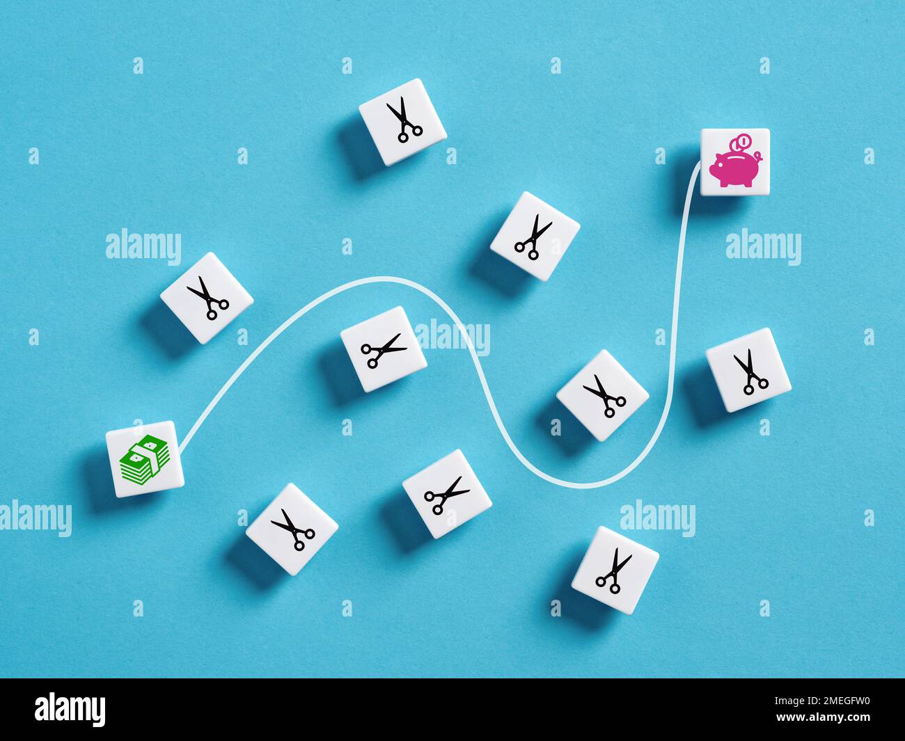 Taxation or tax cuts. Business budget cut. Tax and savings. Bypassing tax cuts and increasing savings. Money, scissors and piggy bank icons on white c Stock Photo