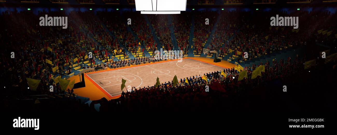 Aerial view. 3D model of empty basketball arena, court, playground in