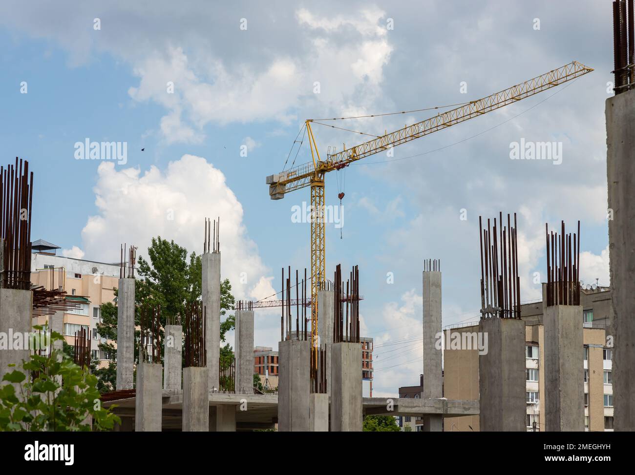 construction of reinforced concrete structures. Unfinished construction of office space Stock Photo