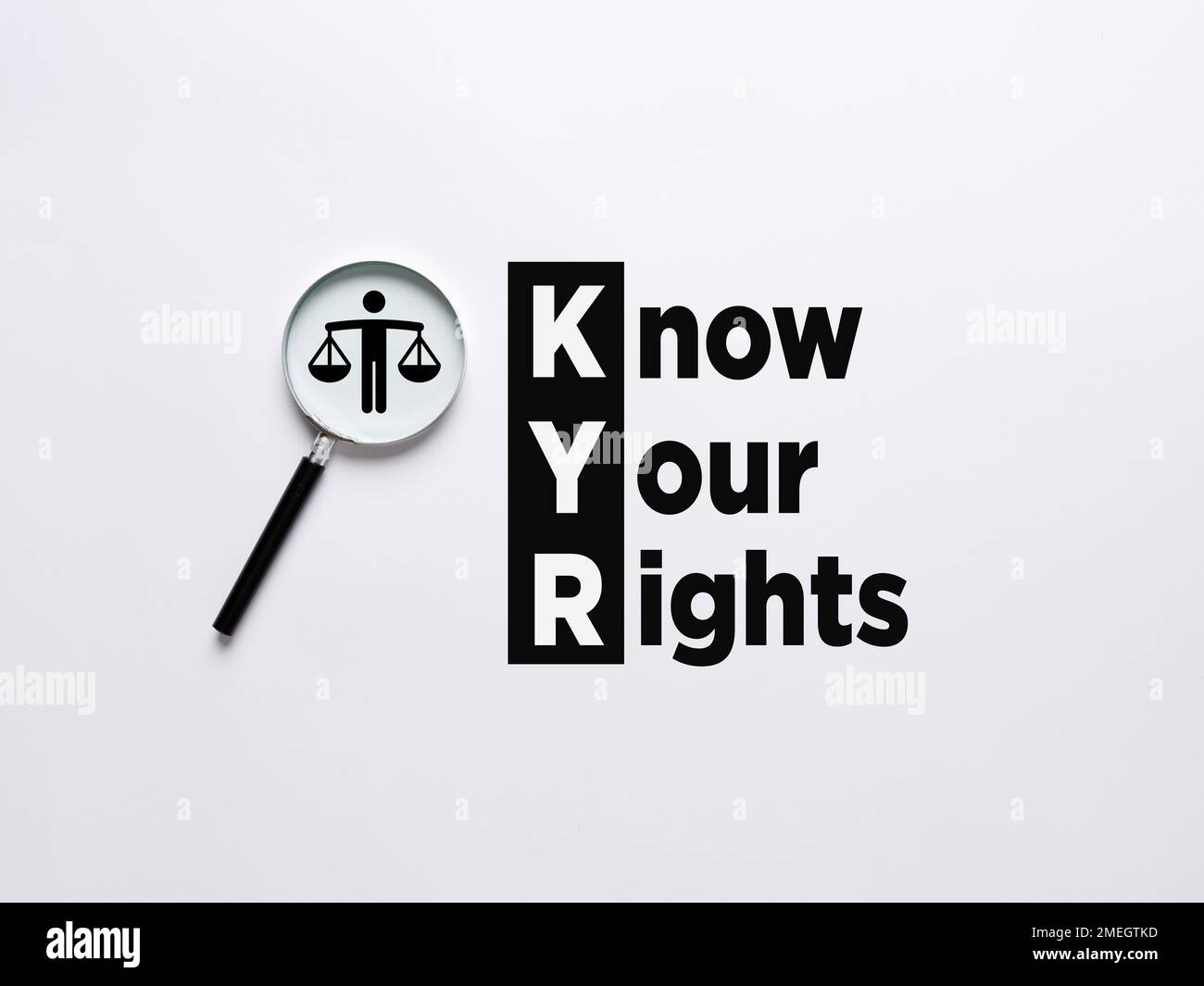 Commitment to justice. Personal or legal rights and freedom. Justice in education, business or social life. Magnifier magnifies the justice symbol wit Stock Photo
