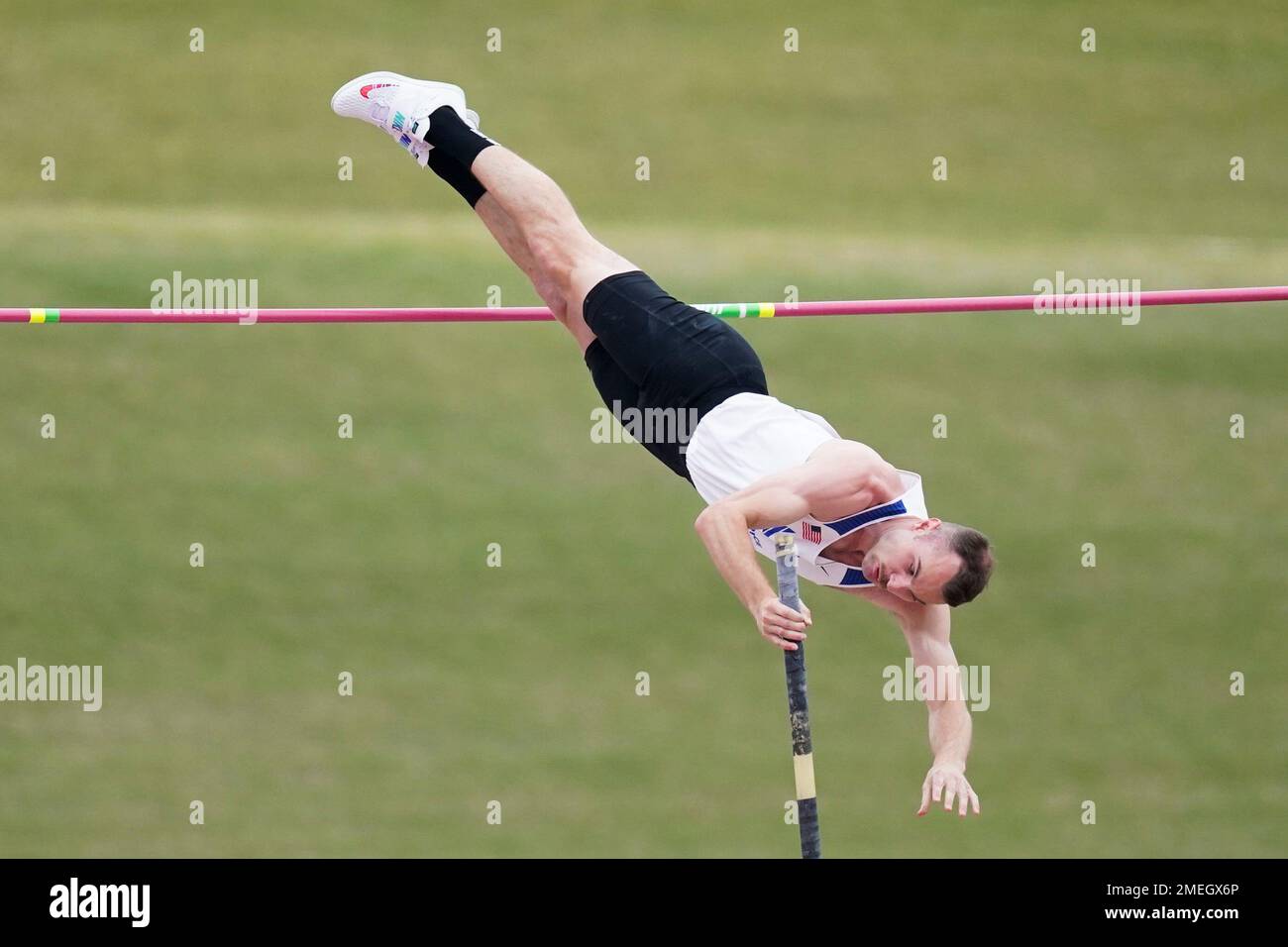 Kyle Pater competes in men's pole vault during the USATF Golden Games