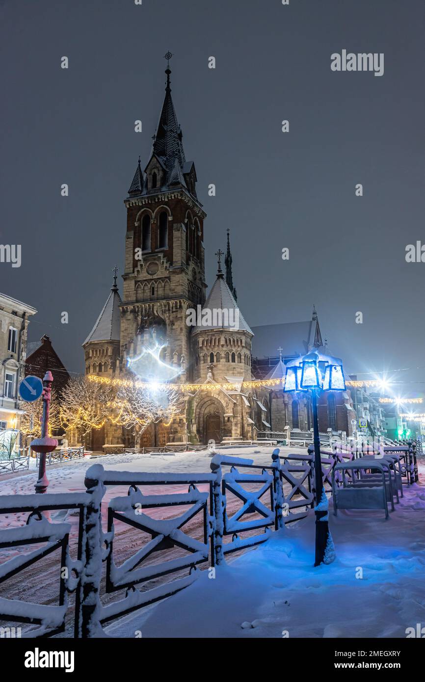 Church of St. Stanislav in Chortkiv, Ukraine. winter night view. Stock Photo