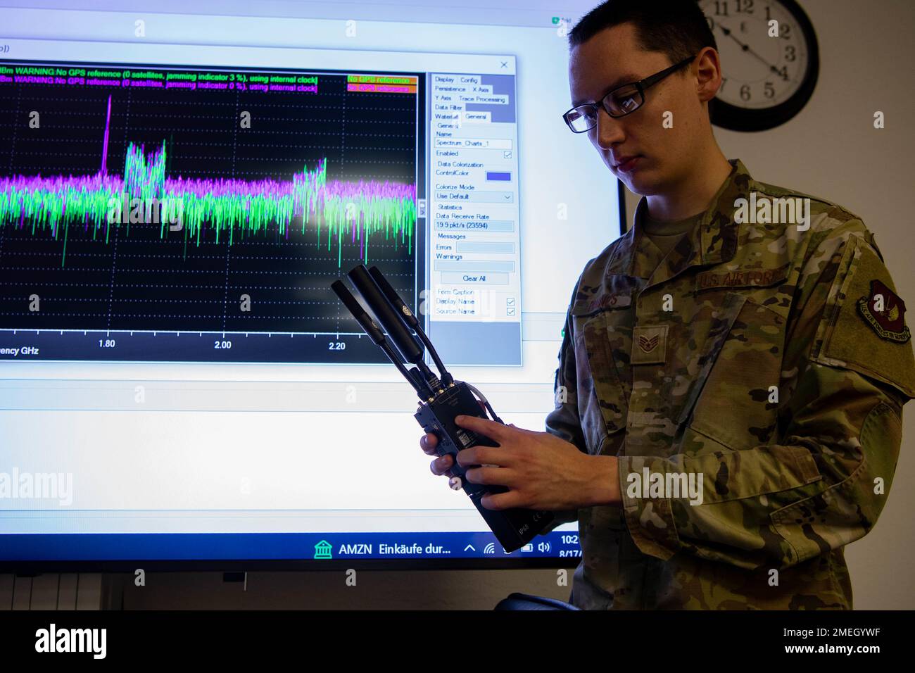 U.S. Air Force Staff Sgt. Seth Haines, 1st Communications Maintenance  Squadron radio frequency transmission systems supervisor, demonstrates how  to use an Electromagnetic Spectrum Operations System at Kapaun Air Station,  Germany, Aug. 17,