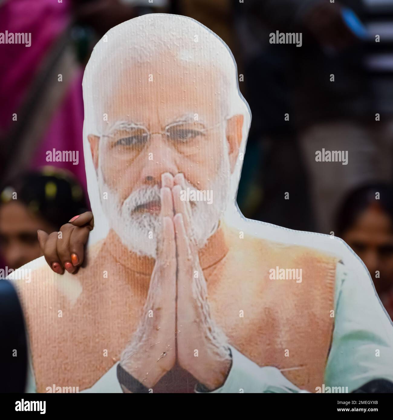 New Delhi, India - January 16 2023 - Prime Minister Narendra Modi cut out during BJP road show, the status of PM Modi while attending a big rally in t Stock Photo
