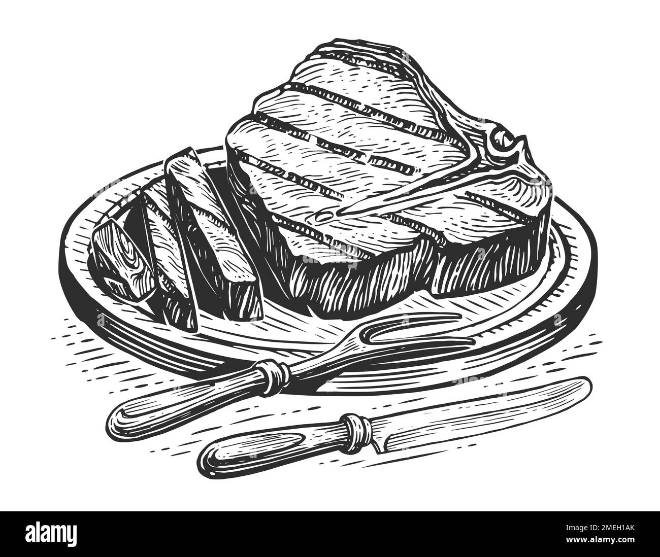 Grilled beef steak on wooden cutting board with fork and knife. Food