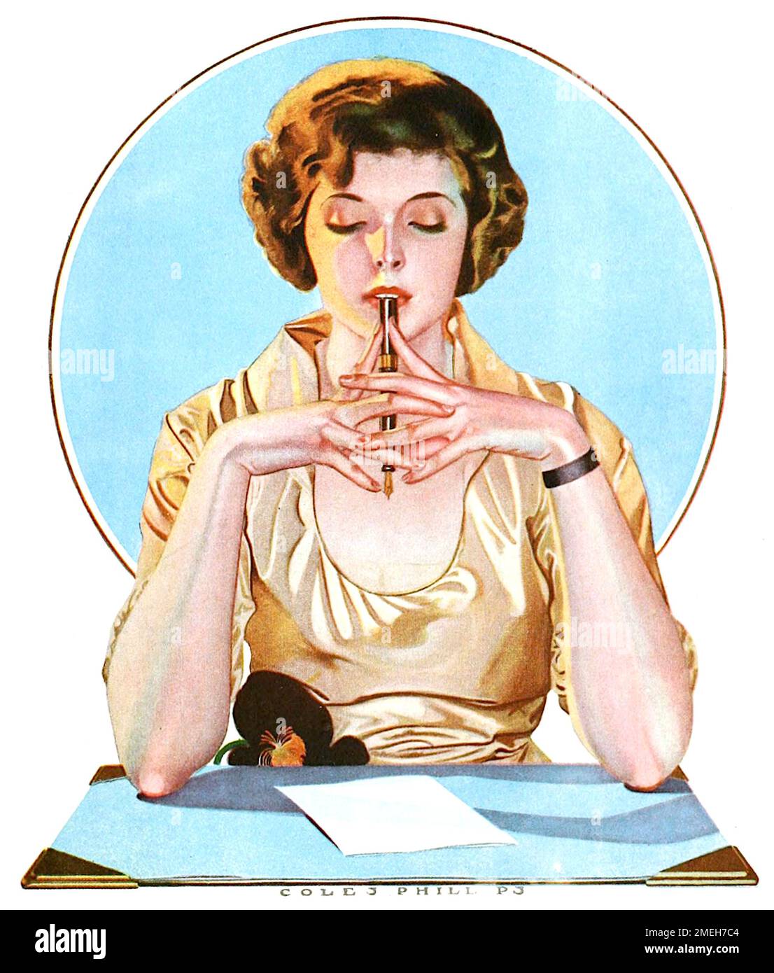 Coles Phillips - I Call it my True Companion - From an advertisement for Sheaffer fountain pens in Motion Picture Classic - 1920. Stock Photo