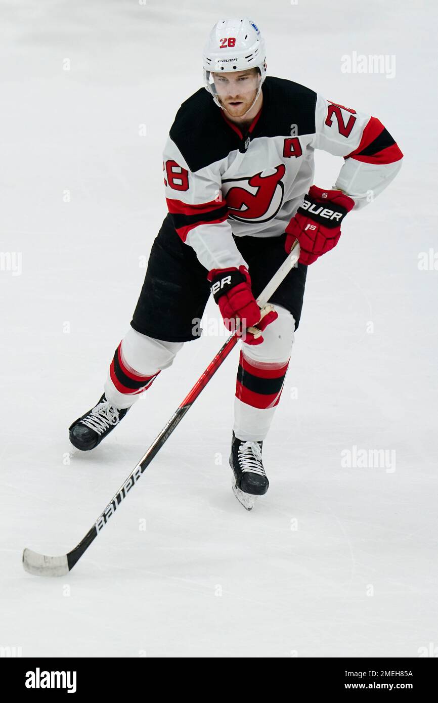New Jersey Devils defenseman Damon Severson (28) during the NHL game  between the New Jersey Devils and the Carolina Hurricanes at the PNC Arena  Stock Photo - Alamy