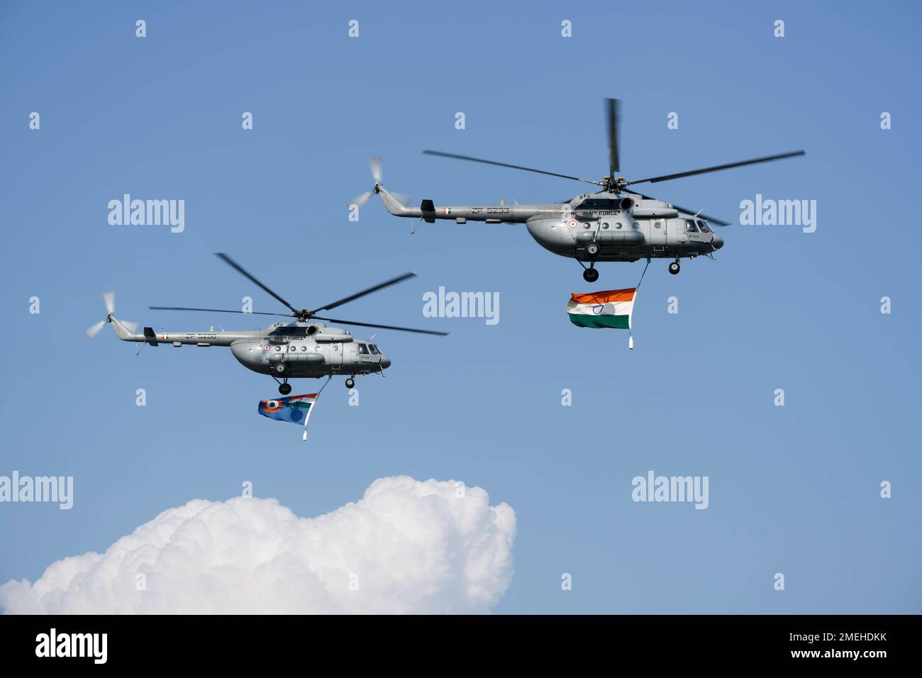 Indian Airforce Mil Mi-17V5 Hip H Helicopters flying in Formation Stock Photo