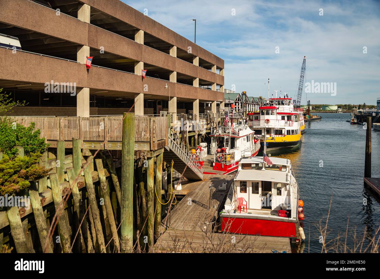 View of lobster boats in the Portland harbor, Casco Bay, Maine, United States. Stock Photo