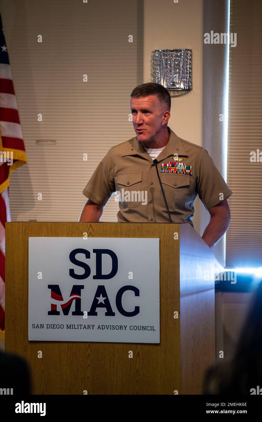 U.S. Marine Corps Brig. Gen. Jason Woodworth, the commanding general of Marine Corps Installations West, Marine Corps Base Camp Pendleton, delivers a speech during a breakfast for the San Diego Military Advisory Council at the Admiral Kidd Catering & Conference Center on Naval Base Point Loma, California, August 17, 2022. SDMAC’s mission is to support and promote the mutual business and other interests of the military, their quality of life, and the defense community in the San Diego area. Woodworth is a native of Suffield, Connecticut. Stock Photo