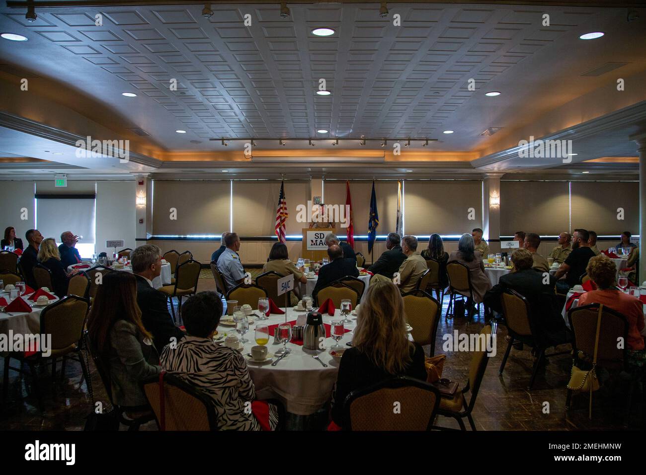 U.S. Marine Corps Brig. Gen. Jason Woodworth, the commanding general of Marine Corps Installations West, Marine Corps Base Camp Pendleton, delivers a speech during a breakfast for the San Diego Military Advisory Council at the Admiral Kidd Catering & Conference Center on Naval Base Point Loma, California, August 17, 2022. SDMAC’s mission is to support and promote the mutual business and other interests of the military, their quality of life, and the defense community in the San Diego area. Woodworth is a native of Suffield, Connecticut. Stock Photo