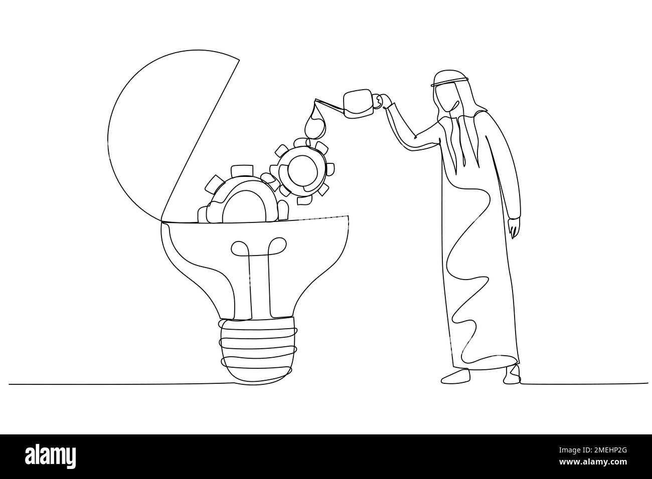 arab man drop oil lubricant into idea lightbulb lamp with mechanical gears. One line art style Stock Vector