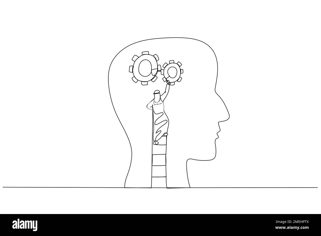 arab man using the ladder and installing gear on people head concept of thinking. Continuous line art Stock Vector