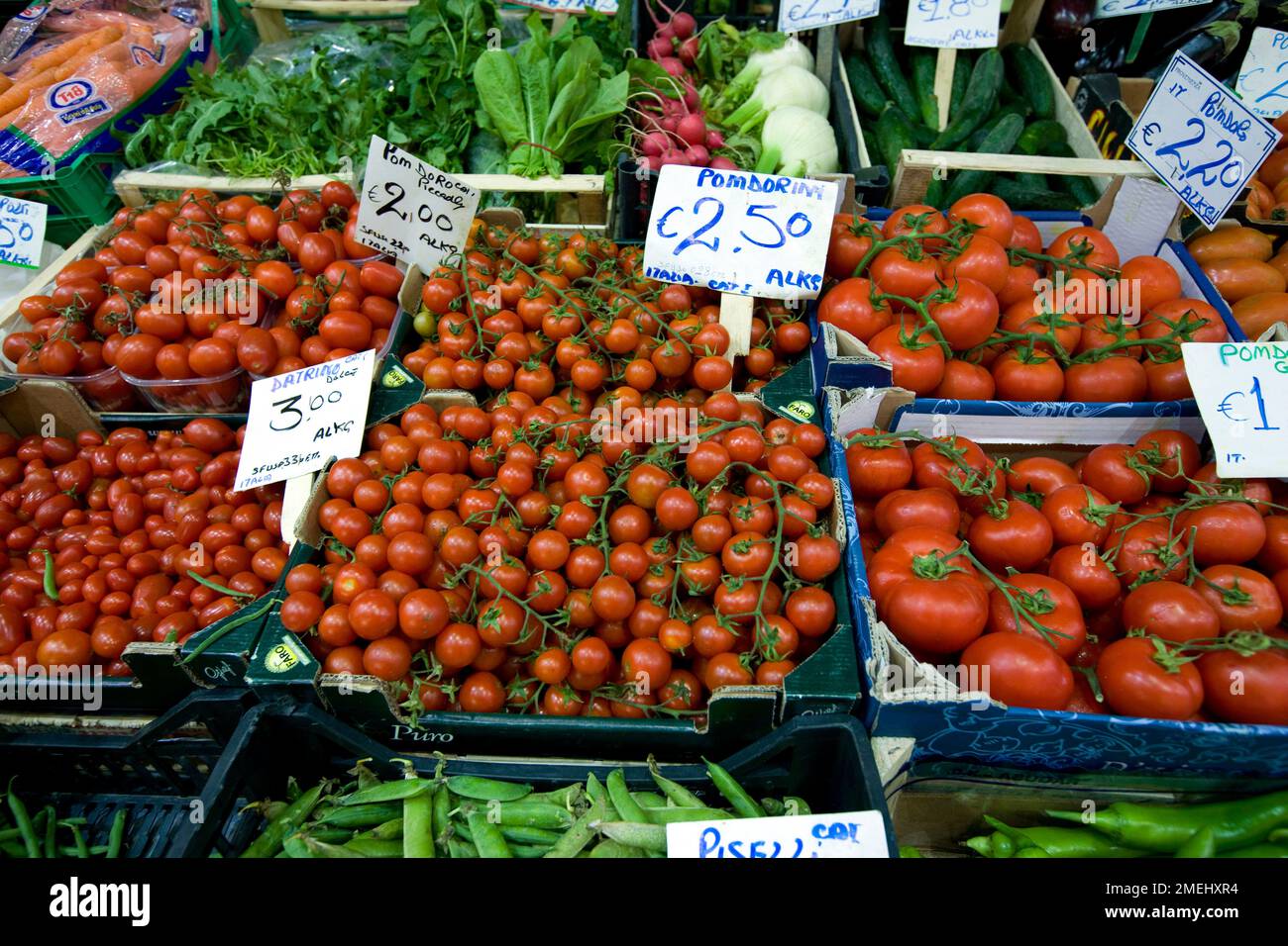 The beautiful market hall in Modena, tomatoes of all kinds Stock Photo