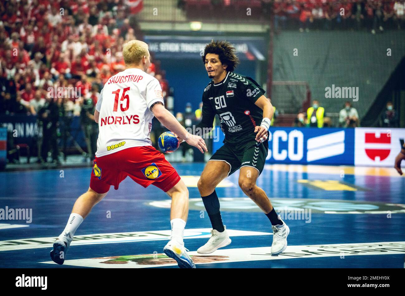 Malmo, Sweden. 23rd Jan, 2023. Ali Mohamed (90) of Egypt and Magnus