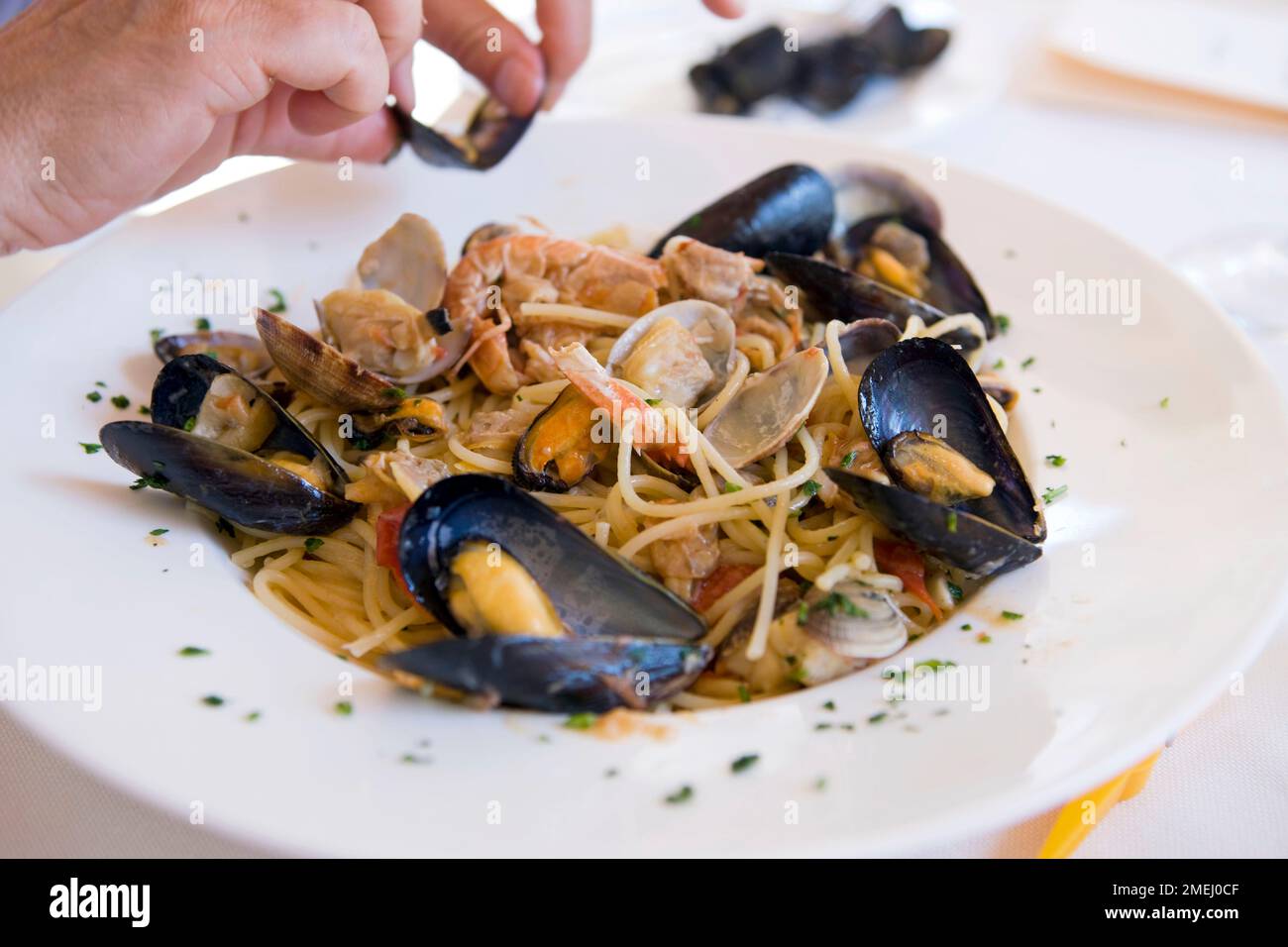 Spaghetti with mussels and vongole at a restaurant in Marano Lagunare Stock Photo